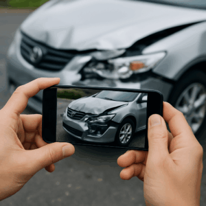Person documenting car accident damage with smartphone in Fallbrook
