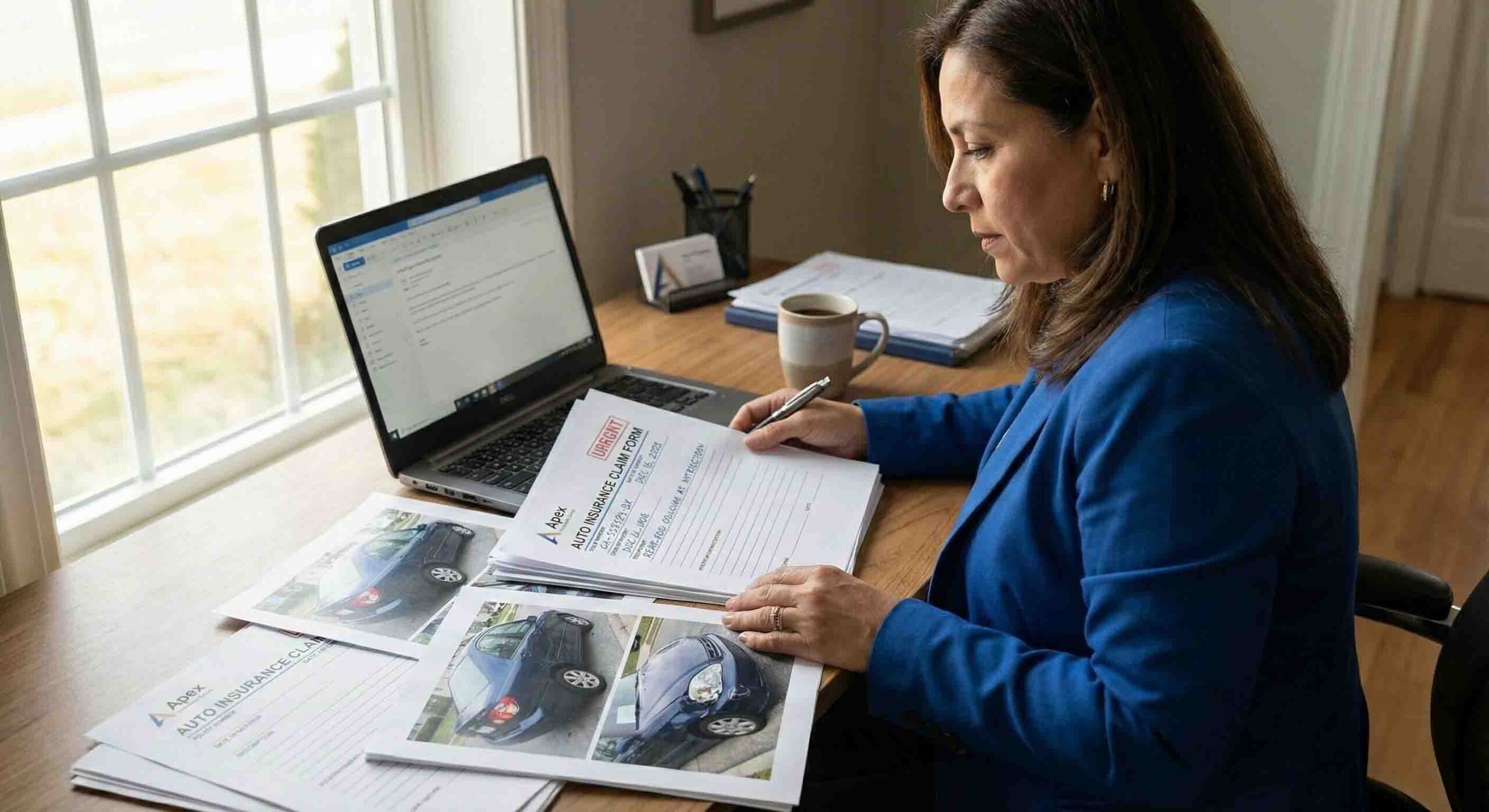 Insurance adjuster reviewing car accident claim documents