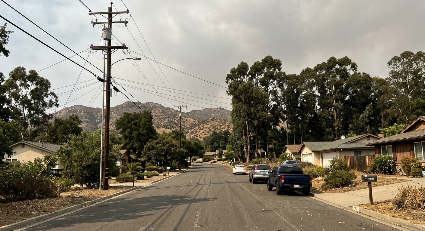 Power lines above residential street in Fallbrook California showing wildfire injury lawyer consultation area