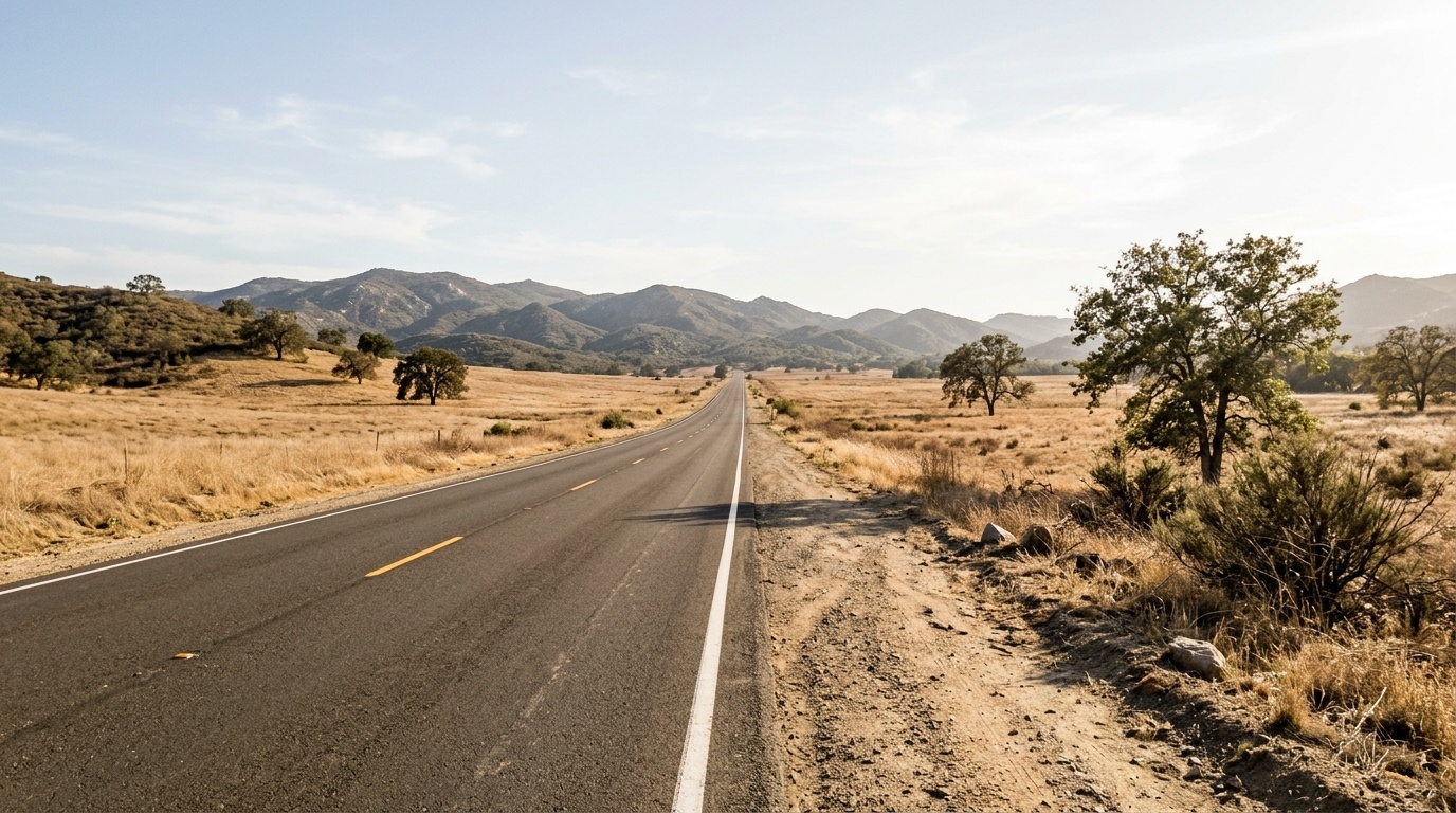 Straight two-lane highway through North San Diego County landscape