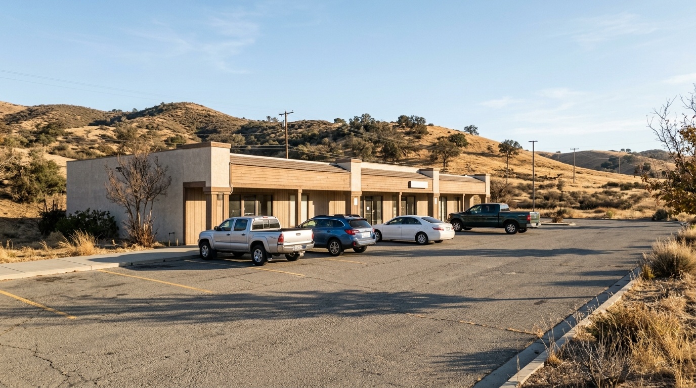 Estacionamiento tranquilo junto a un centro comercial en un pueblo rural de California