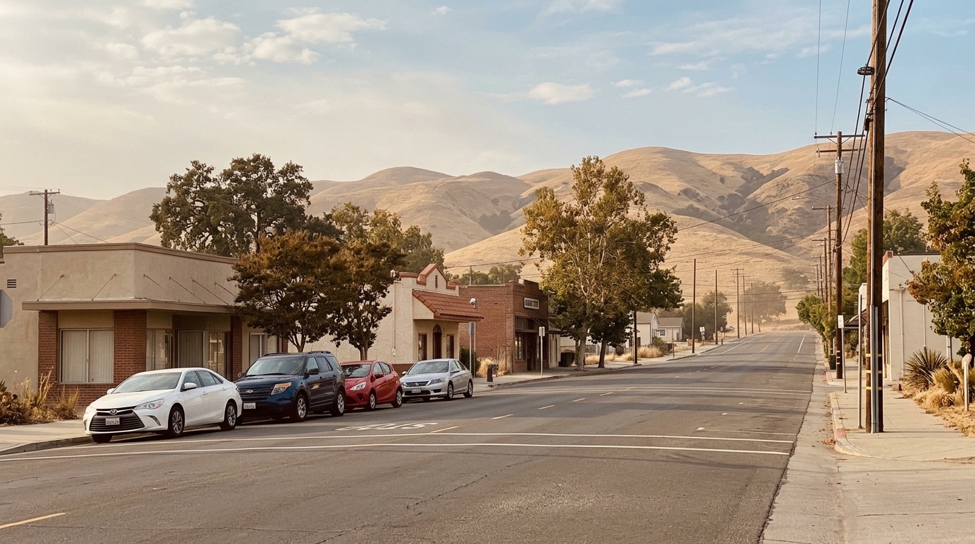 Interseccion tranquila en un pueblo del sur de California con colinas secas de fondo