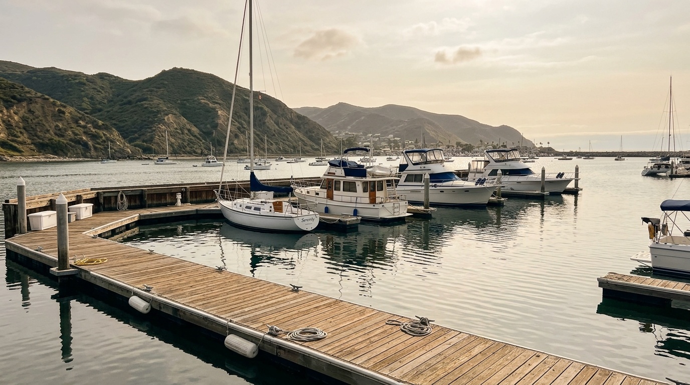 Calm marina with moored boats and distant hills in Southern California
