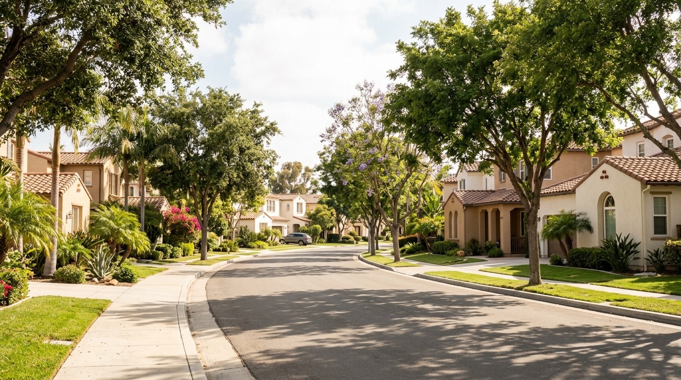 Calle residencial tranquila en el norte del condado de San Diego con casas de estuco