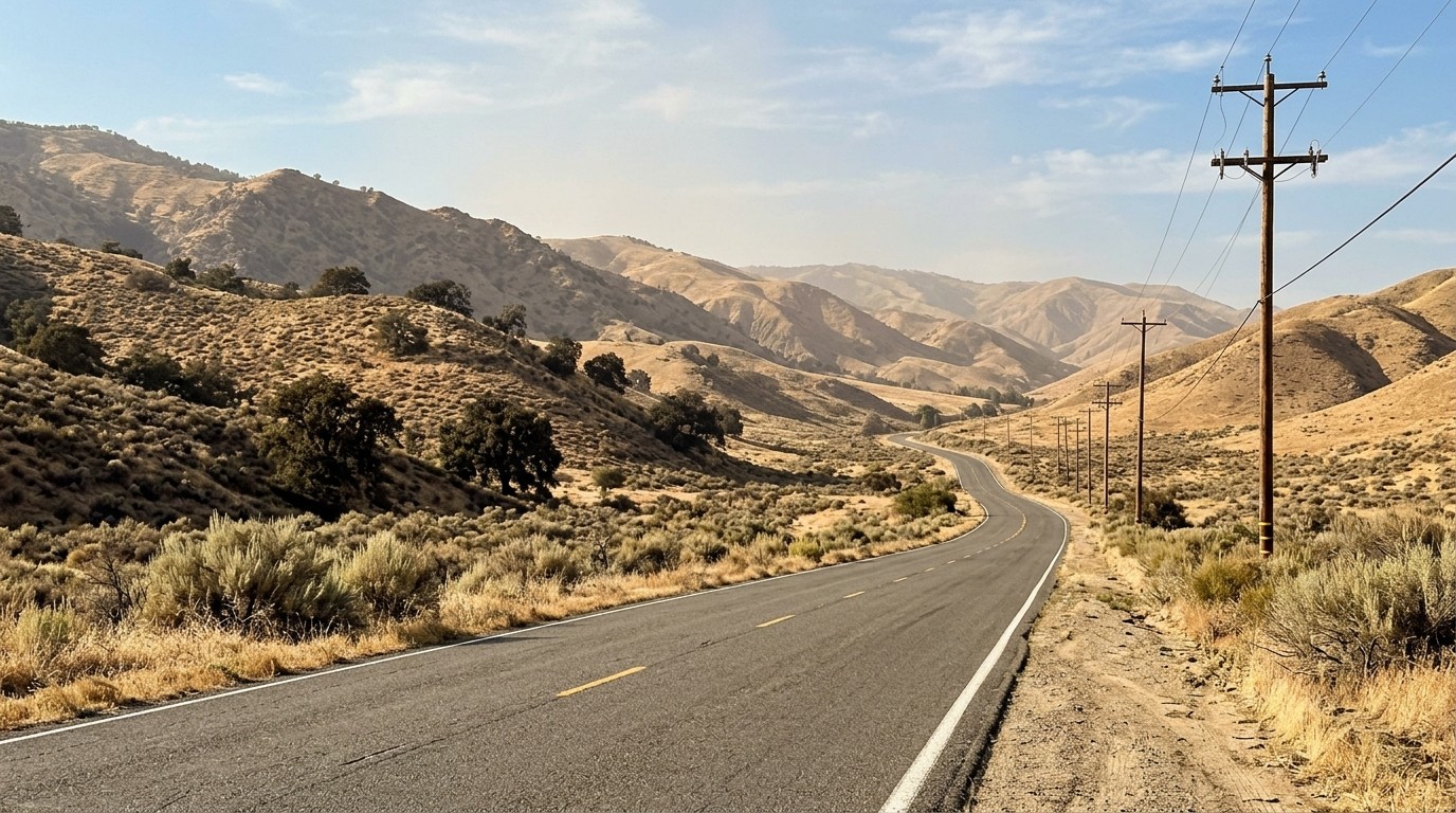 Carretera de dos carriles a traves de colinas secas de California con robles