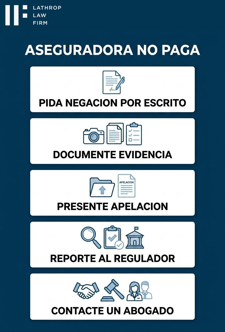 Infografia: Que hacer cuando la aseguradora no paga - negacion por escrito, evidencia, apelacion