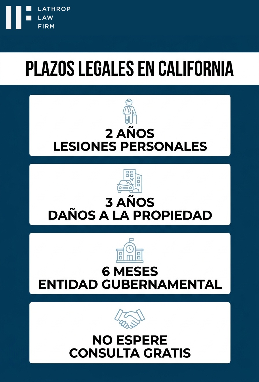 Infografia: Plazos legales en California - 2 anos lesiones, 3 anos propiedad, 6 meses gobierno