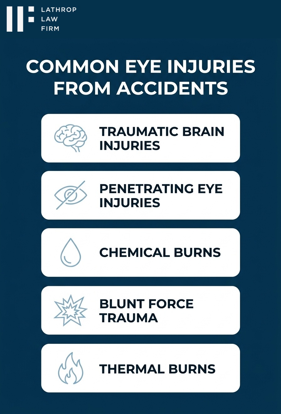 Infographic showing common types of eye injuries from accidents in Fallbrook California