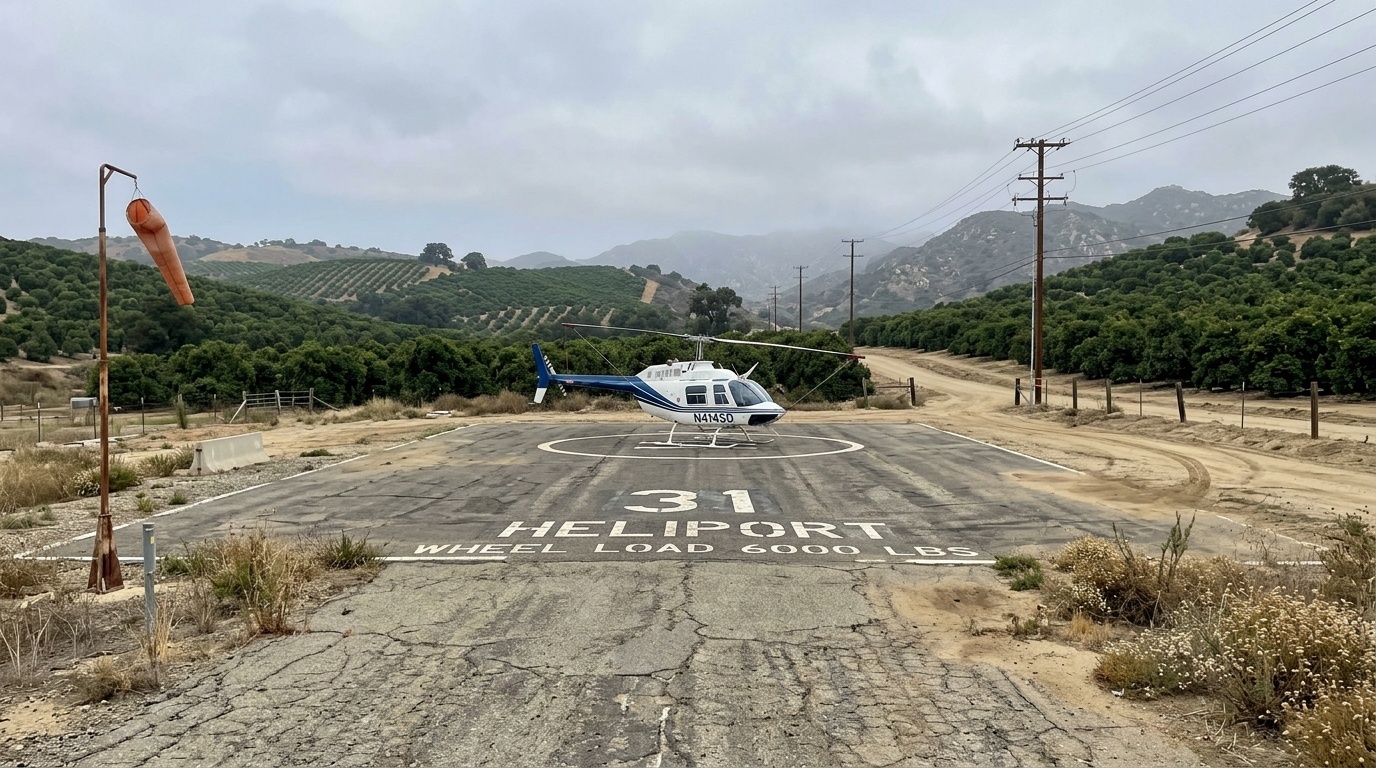 Rural helicopter landing area surrounded by rolling hills and avocado groves in Fallbrook, California