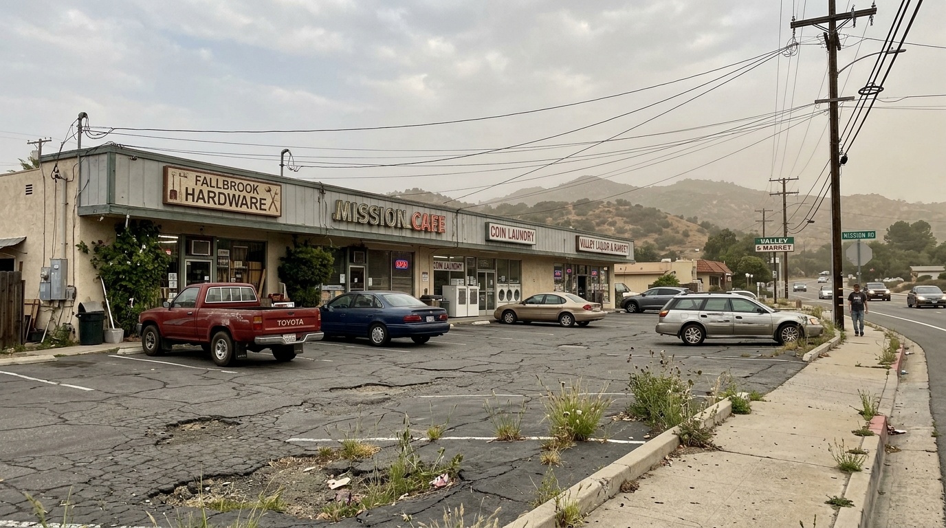 Mission Road parking lot in Fallbrook California showing cracked pavement and typical small-town business district