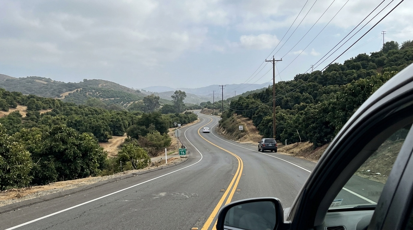 Highway 76 through Fallbrook California showing curved road conditions where traumatic brain injury accidents commonly occur in North San Diego County