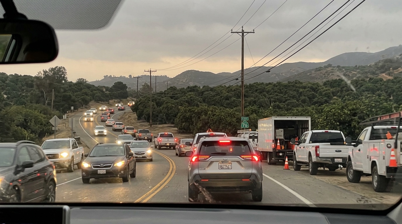 Highway 76 in Fallbrook California showing evening rush hour traffic where lane change accidents commonly occur