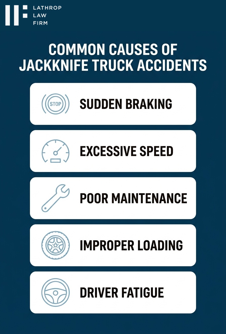 Infographic showing common causes of jackknife truck accidents in California