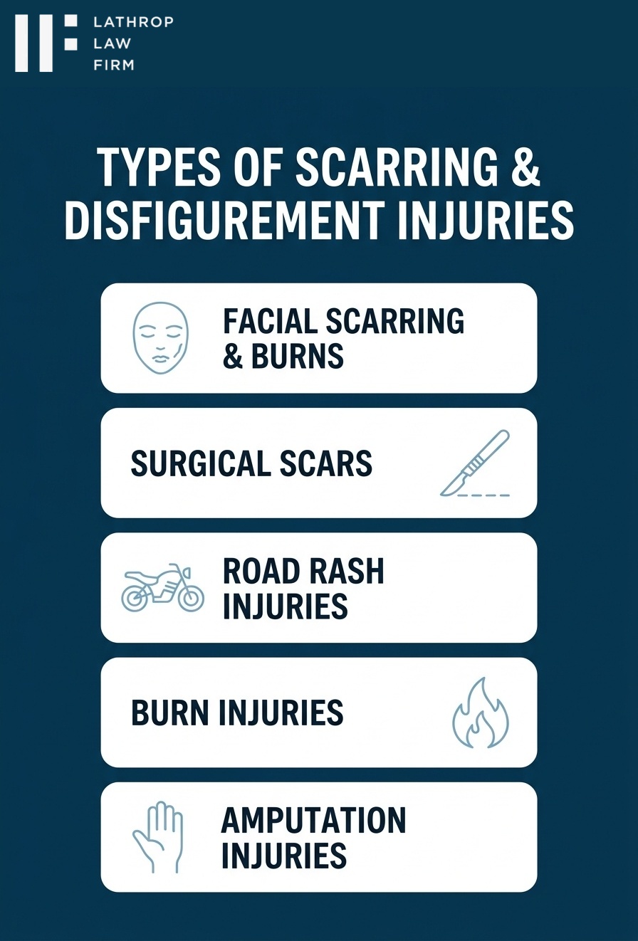 Types of scarring and disfigurement injuries infographic showing compensation categories under California law