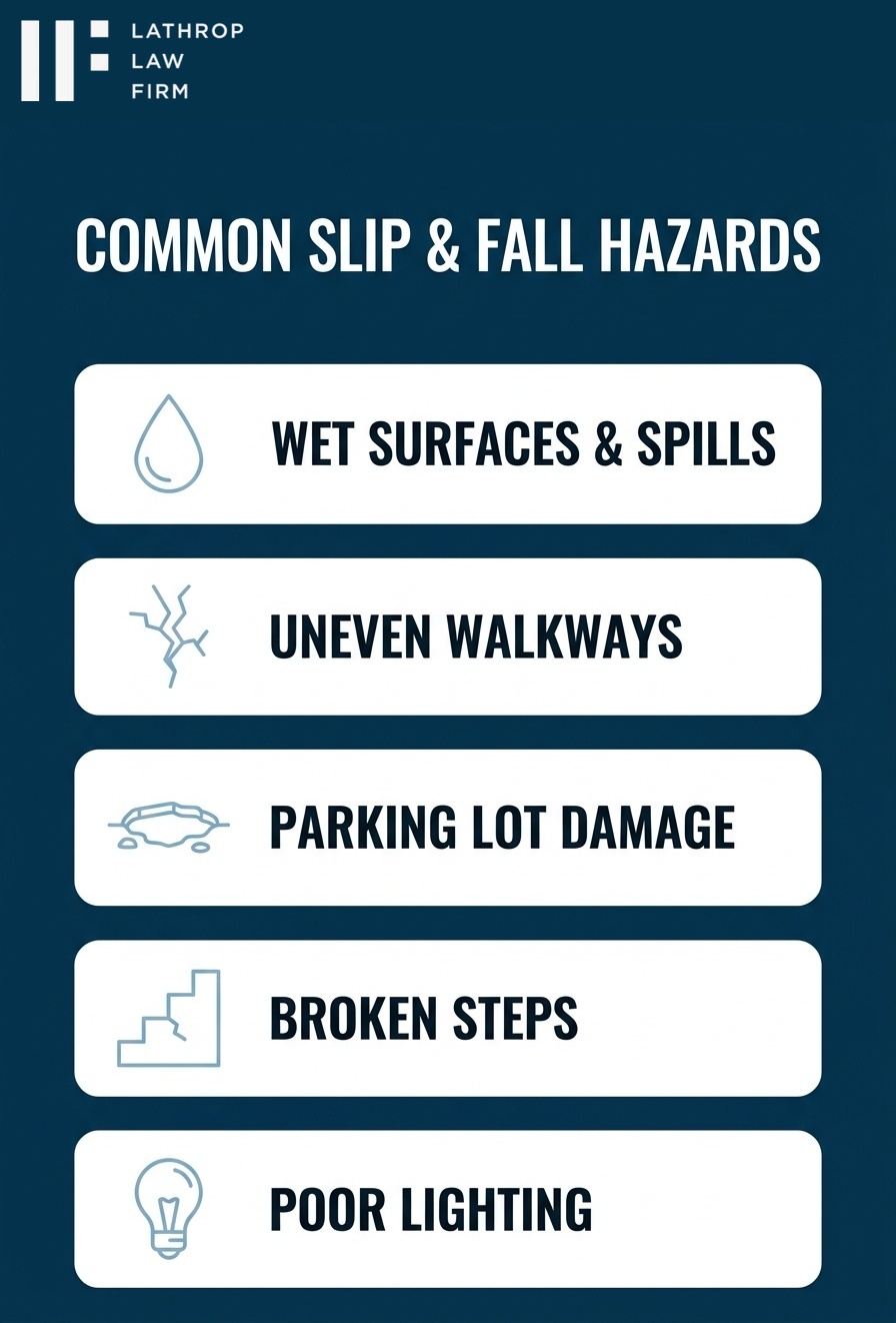 Infographic showing common slip and fall hazards at Fallbrook California properties including wet surfaces and uneven walkways
